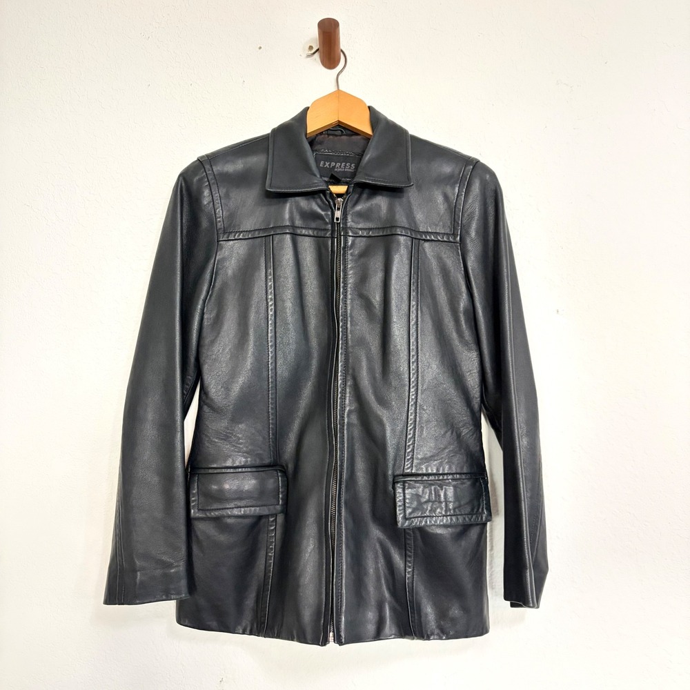 Y2k Express Jacket Women XS Black Leather Full Zip Collared Moto Biker